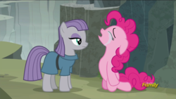 Size: 1920x1080 | Tagged: safe, screencap, maud pie, pinkie pie, earth pony, pony, g4, rock solid friendship, crying, discovery family logo, female, floppy ears, ghastly gorge, kneeling, on hind knees, sisters