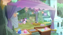 Size: 1920x1080 | Tagged: safe, screencap, maud pie, starlight glimmer, earth pony, pony, g4, rock solid friendship, clothes, discovery family logo, maud's cave, pinkie slippers, slippers