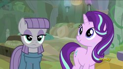 Size: 1920x1080 | Tagged: safe, screencap, maud pie, starlight glimmer, earth pony, pony, g4, rock solid friendship, discovery family logo