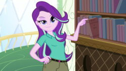 Size: 1920x1080 | Tagged: safe, artist:darthlena, starlight glimmer, equestria girls, g4, book, canterlot high, clothes, female, library, pants, smiling, smirk, smug, solo