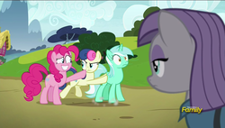 Size: 1920x1088 | Tagged: safe, screencap, bon bon, lyra heartstrings, maud pie, pinkie pie, sweetie drops, earth pony, pony, g4, rock solid friendship, bon bon is not amused, butt touch, discovery family logo, glare, grin, hoof on butt, pushing, rump push, smiling, unamused, wide eyes