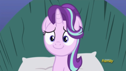 Size: 914x512 | Tagged: safe, screencap, starlight glimmer, pony, g4, rock solid friendship, c:, discovery family logo, female, logo, mare, pillow, smiling, solo, starlight's room