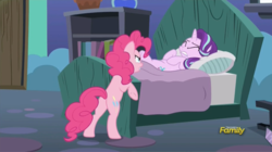 Size: 914x512 | Tagged: safe, screencap, pinkie pie, starlight glimmer, pony, g4, rock solid friendship, angry, discovery family logo, starlight's room