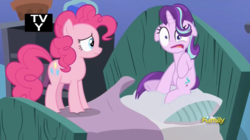 Size: 914x512 | Tagged: safe, screencap, pinkie pie, starlight glimmer, pony, g4, rock solid friendship, derp, discovery family logo, faic, floppy ears, starlight's room, tv-y