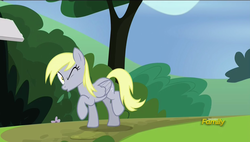 Size: 1920x1088 | Tagged: safe, screencap, derpy hooves, pegasus, pony, g4, rock solid friendship, discovery family logo, female, mare, one eye closed, pizza box, raised hoof, raised leg, solo