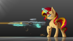 Size: 2500x1407 | Tagged: safe, artist:duskie-06, sunset shimmer, pony, unicorn, g4, binary rifle, butt, butt fluff, chest fluff, crossover, crying, cutie mark, ear fluff, female, glowing horn, gun, halo (series), halo 4, heart, hooves, horn, laser, levitation, magic, mare, optical sight, plot, raised hoof, reflection, rifle, serious, serious face, signature, sniper rifle, solo, teeth, telekinesis, underhoof, weapon