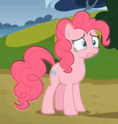Size: 335x350 | Tagged: safe, screencap, pinkie pie, earth pony, pony, g4, rock solid friendship, season 7, animated, cropped, deflated, deflation, female, gif, mare, sad, solo, when she doesn't smile