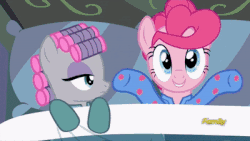 Size: 400x225 | Tagged: safe, screencap, maud pie, pinkie pie, earth pony, pony, g4, rock solid friendship, animated, clapping, clothes, cute, diapinkes, discovery family logo, female, footed sleeper, gif, hair curlers, mare, pajamas, pinkie being pinkie, siblings, sisters, sleeping, the clapper