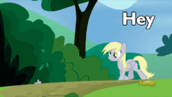 Size: 400x225 | Tagged: safe, edit, edited screencap, screencap, derpy hooves, pegasus, pony, g4, rock solid friendship, (you), abuse, animated, derpybuse, discovery family logo, female, food, gif, gtfo, mare, pizza, throwing