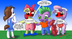 Size: 3700x2000 | Tagged: safe, alternate version, artist:avionscreator, artist:warpwarp1929, apple bloom, pipsqueak, spike, sweetie belle, dragon, anthro, g4, assisted exposure, bloomers, clothed male nude female, clothes, clothing theft, cut clothes, degradation, embarrassed, embarrassed underwear exposure, exposed, female, frilly underwear, high res, humiliation, overalls, panties, partial nudity, public humiliation, strawberry underwear, straweetie bellerries, sweetie blush, topless, torn clothes, underwear