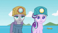Size: 400x225 | Tagged: safe, screencap, maud pie, starlight glimmer, earth pony, pony, g4, rock solid friendship, animated, backdrop, camera flashes, dilated pupils, discovery family logo, duo, female, gif, hard hat, hat, helmet, mining helmet, shrunken pupils