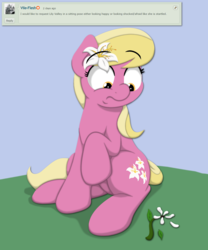 Size: 1801x2160 | Tagged: safe, artist:ljdamz1119, lily, lily valley, earth pony, pony, g4, deviantart, female, flower, flower in hair, mare, raised hoof, requested art, scared, shocked, sitting, solo