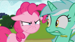 Size: 1920x1080 | Tagged: safe, screencap, lyra heartstrings, pinkie pie, pony, g4, rock solid friendship, discovery family logo, do i look angry, faic