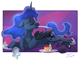 Size: 1200x928 | Tagged: safe, artist:tsitra360, artist:vest, princess luna, alicorn, pony, g4, cake, crown, cute, eating, eyes closed, female, floppy ears, food, hoof shoes, jewelry, lunabetes, peytral, prone, regalia, relaxing, smiling, solo