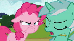 Size: 400x225 | Tagged: safe, screencap, lyra heartstrings, pinkie pie, pony, g4, rock solid friendship, angry, animated, discovery family logo, faic, female, floppy ears, gif, head shake, reaction image