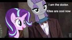 Size: 1920x1080 | Tagged: safe, maud pie, starlight glimmer, pony, g4, rock solid friendship, bowtie, cashmere, clara oswin oswald, clothes, doctor who, eleventh doctor, frock coat, shirt, waistcoat