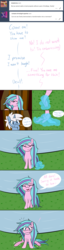 Size: 1280x5038 | Tagged: safe, artist:hummingway, oc, oc only, oc:cerulean mist, oc:swirly shells, merpony, pony, unicorn, ask-humming-way, comic, dialogue, duo, exclamation point, female, high res, mare, speech bubble, thought bubble, transformation, tumblr, tumblr comic