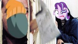Size: 1920x1080 | Tagged: safe, boulder (g4), starlight glimmer, g4, rock solid friendship, 1000 years in photoshop, axe, here's johnny, the shining, weapon