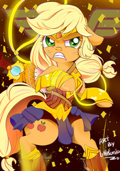 Size: 1024x1453 | Tagged: safe, artist:kumikoponylk, applejack, earth pony, pony, g4, angry, armor, female, rope, solo, sword, weapon, wonder woman, wonderjack