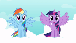 Size: 800x450 | Tagged: safe, artist:tridashie, rainbow dash, twilight sparkle, alicorn, pegasus, pony, pony girl, g4, animated, bobbing, cloud, cute, dancing, dashabetes, duo, female, gif, hnnng, metronome, perfect loop, rocking, spread wings, sway, twiabetes, twilight sparkle (alicorn), wings, youtube link