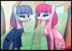 Size: 1945x1375 | Tagged: safe, artist:sakuracheetah, maud pie, pinkie pie, earth pony, pony, g4, rock solid friendship, behaving like maud pie, chest fluff, clothes, duo, eyeshadow, female, lidded eyes, makeup, mare, open mouth, pie sisters, siblings, sisters, sitting, that was fast