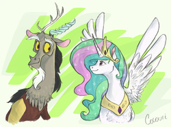 Size: 1000x738 | Tagged: safe, artist:cocouri, discord, princess celestia, alicorn, draconequus, pony, g4, female, looking at each other, male, mare, ship:dislestia, shipping, smiling, straight