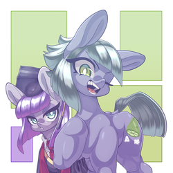 Size: 3500x3500 | Tagged: safe, alternate version, artist:kaikoinu, limestone pie, maud pie, earth pony, pony, g4, rock solid friendship, female, graduation cap, hat, high res, lidded eyes, looking at you, mare, one eye closed, open mouth, pie sisters, siblings, sisters, smiling