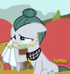 Size: 375x395 | Tagged: safe, screencap, cloudy quartz, igneous rock pie, pony, g4, rock solid friendship, cropped, crying, discovery family logo, handkerchief, liquid pride, offscreen character, teary eyes