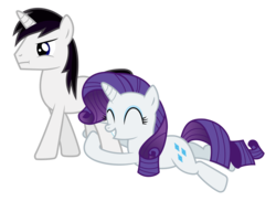 Size: 2690x1959 | Tagged: safe, artist:meandmyideas, rarity, oc, oc:barrfind, pony, unicorn, g4, :t, canon x oc, dragging, eyes closed, female, holding legs, male, rarifind, shipping, simple background, smiling, stallion, straight, transparent background, vector