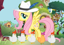 Size: 1280x908 | Tagged: safe, fluttershy, chicken, pony, g4, hat, pimp hat, scootachicken