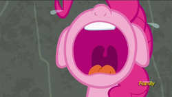 Size: 851x479 | Tagged: safe, screencap, pinkie pie, earth pony, pony, g4, rock solid friendship, crying, discovery family logo, female, mare, mawshot, nose in the air, open mouth, solo, throat, uvula, volumetric mouth