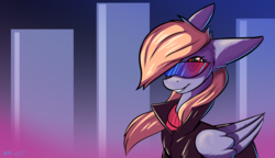Size: 2308x1328 | Tagged: safe, artist:quadrog, derpy hooves, pegasus, pony, g4, abstract background, clothes, derpfest, female, folded wings, grin, hair over one eye, jacket, leather jacket, mare, retro, smiling, solo, sunglasses, sweater, turtleneck, windswept mane