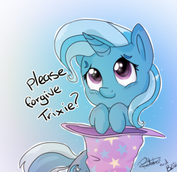 Size: 2000x1947 | Tagged: safe, artist:bow2yourwaifu, artist:pucksterv, trixie, pony, unicorn, g4, begging, clothes, cute, diatrixes, female, forgiveness, hat, leg fluff, mare, smiling, solo, trixie's hat
