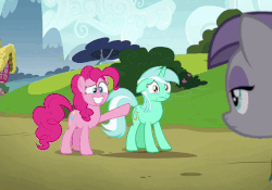 Size: 568x398 | Tagged: safe, screencap, bon bon, lyra heartstrings, maud pie, pinkie pie, sweetie drops, earth pony, pony, unicorn, g4, rock solid friendship, animated, bon bon is not amused, butt touch, carrying, eye twitch, faic, female, floppy ears, frown, gif, glare, grin, holding a pony, hoof on butt, loop, mare, open mouth, pointing, protecting, pushing, raised hoof, rump push, shipping fuel, smiling, squee, unamused, wide eyes