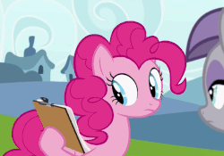 Size: 584x408 | Tagged: safe, screencap, maud pie, pinkie pie, earth pony, pony, g4, rock solid friendship, animated, burp, burping up items, clipboard, female, gif, mare, pencil, pinkie being pinkie