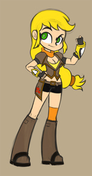 Size: 615x1177 | Tagged: safe, artist:khuzang, applejack, human, g4, appleyang, breasts, brown background, cleavage, clothes, crossover, ember celica, female, fingerless gloves, gloves, humanized, midriff, rwby, simple background, solo, yang xiao long