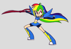 Size: 1742x1199 | Tagged: safe, artist:khuzang, rainbow dash, human, g4, armpits, belly button, boots, clothes, compression shorts, crossover, erica mendez, female, gray background, humanized, kill la kill, light skin, midriff, ryuko matoi, scissor blade, shoes, simple background, skirt, solo, voice actor joke, weapon