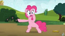Size: 844x467 | Tagged: safe, screencap, pinkie pie, earth pony, pony, g4, rock solid friendship, bipedal, discovery family logo, female, mare, pointing, solo