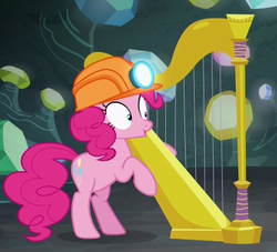 Size: 437x397 | Tagged: safe, screencap, pinkie pie, earth pony, pony, g4, rock solid friendship, cropped, diegetic music, female, gem, gem cave, hard hat, harp, hat, helmet, mare, mine, mining helmet, musical instrument, solo