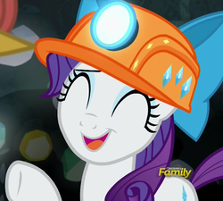 Size: 531x477 | Tagged: safe, screencap, rarity, pony, g4, rock solid friendship, cropped, discovery family logo, female, hard hat, hat, helmet, mare, mining helmet, solo