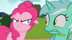 Size: 844x467 | Tagged: safe, screencap, lyra heartstrings, pinkie pie, pony, g4, rock solid friendship, angry, discovery family logo, do i look angry, faic, floppy ears, nervous