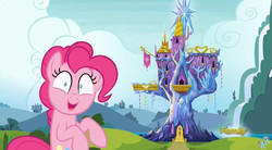 Size: 844x467 | Tagged: safe, screencap, pinkie pie, earth pony, pony, g4, rock solid friendship, discovery family logo, female, mare, solo, twilight's castle