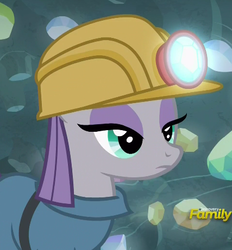 Size: 427x461 | Tagged: safe, screencap, maud pie, earth pony, pony, g4, rock solid friendship, cropped, discovery family logo, female, gem, gem cave, hard hat, hat, helmet, lidded eyes, mare, mining helmet, solo