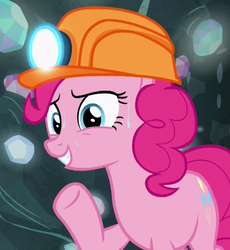 Size: 419x456 | Tagged: safe, screencap, pinkie pie, earth pony, pony, g4, rock solid friendship, cropped, female, hard hat, hat, helmet, mare, mining helmet, solo, sweat