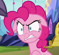 Size: 510x475 | Tagged: safe, screencap, pinkie pie, earth pony, pony, g4, rock solid friendship, angry, cropped, discovery family logo, ears back, twilight's castle