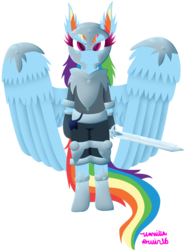 Size: 1024x1365 | Tagged: safe, artist:vanillaswirl6, rainbow dash, pegasus, pony, semi-anthro, g4, :o, armor, bipedal, boots, breastplate, clothes, colored eyelashes, colored pupils, ear fluff, fantasy class, female, helmet, hoof hold, knee pads, knight, looking at you, midieval, multicolored hair, open mouth, photoshop, signature, simple background, solo, sword, transparent background, warrior, weapon, wing fluff, wing protectors