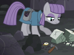 Size: 687x512 | Tagged: safe, screencap, maud pie, earth pony, pony, g4, rock solid friendship, animated, compass, female, gif, hammer, pawing the ground, rock hammer, saddle bag