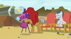 Size: 844x467 | Tagged: safe, screencap, cloudy quartz, igneous rock pie, earth pony, pony, g4, rock solid friendship, camera, discovery family logo, missing accessory, ship:quartzrock