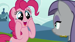 Size: 1271x719 | Tagged: safe, screencap, maud pie, pinkie pie, earth pony, pony, g4, rock solid friendship, discovery family logo, duo, hooves on cheeks, open mouth, open smile, smiling, squishy cheeks