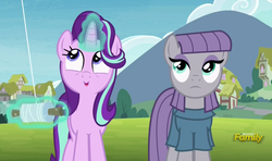 Size: 748x442 | Tagged: safe, screencap, maud pie, starlight glimmer, earth pony, pony, g4, rock solid friendship, discovery family logo, kite flying, magic, telekinesis